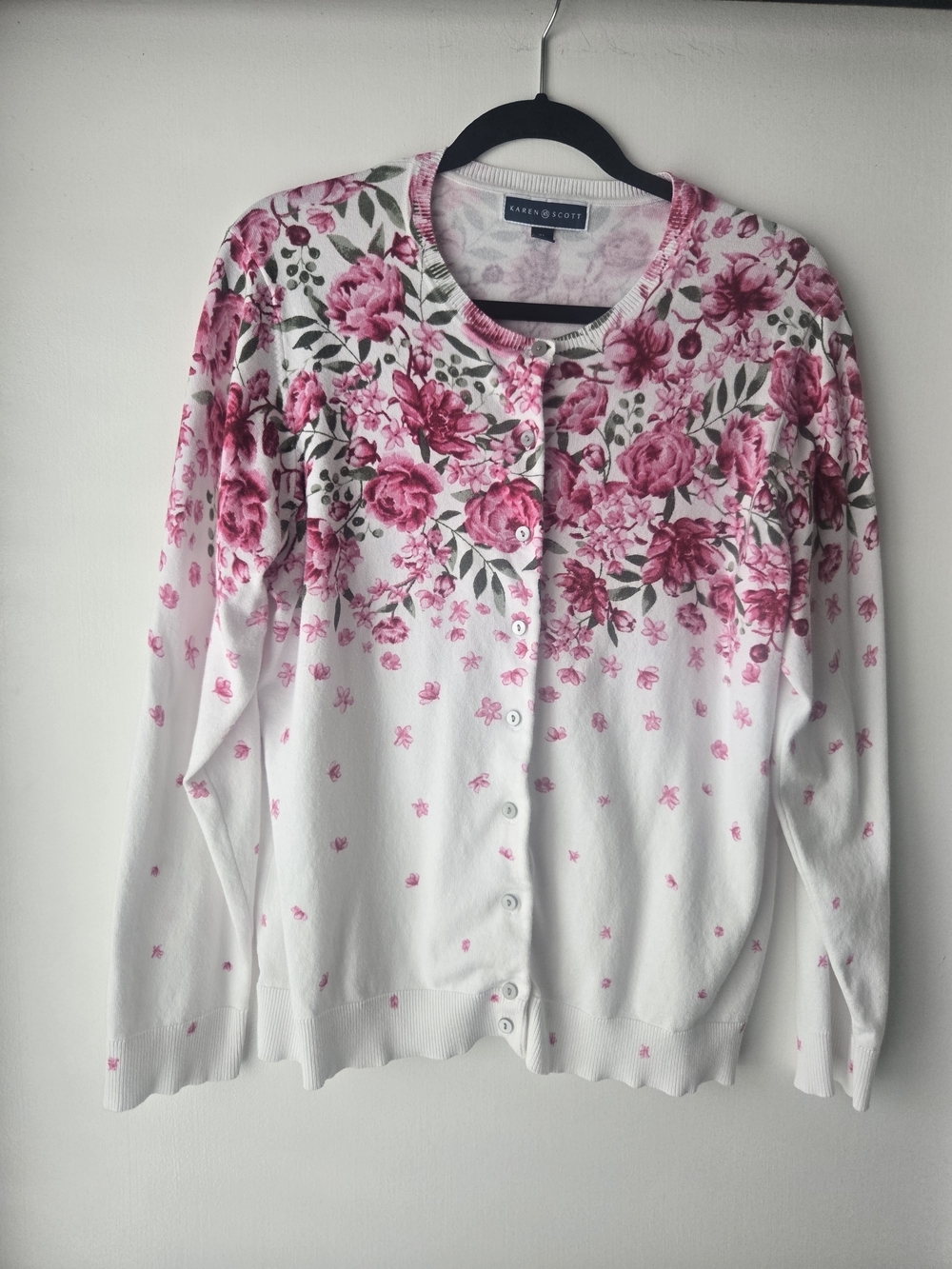 Karen Scott White Cardigan with Pink Floral Border-Size X Large